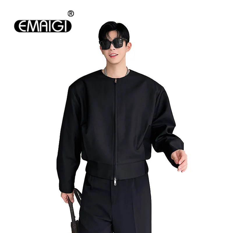 Muži Collarless Dvojité Hlavu Krátky Zips Bunda Mužov Kórejský Streetwear Módy Voľné Bežné Vintage Kabát Vrchné Oblečenie