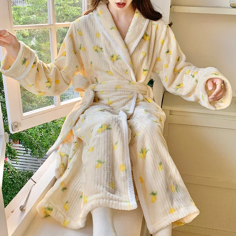 Ženy Kimono Pajama Zimné Hrubé Flanelové Dlhý Rukáv Sleepwear s Vrecku Roztomilý Tlač Nightgown Čipky V Krku Nightdress Odev