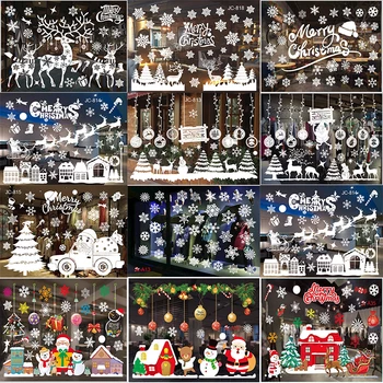 2022 Veselé Vianočné Dekorácie Okna Sklo Nálepky Vianočné Ozdoby Nový Rok Doma Na Stenu Dekor Santa Elk Snow Flake Darček Obtlačky