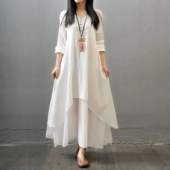 2023 Jeseň šaty jednofarebné šaty, dlhé dámske šaty retro imitácia bavlny, konope šaty dámske šaty