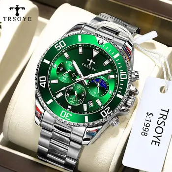 2023 Vysokej kvality Chronograf Zelená a Strieborná 6-Ručné pánske hodinky reloj hombre s Quartz z TRSOYE
