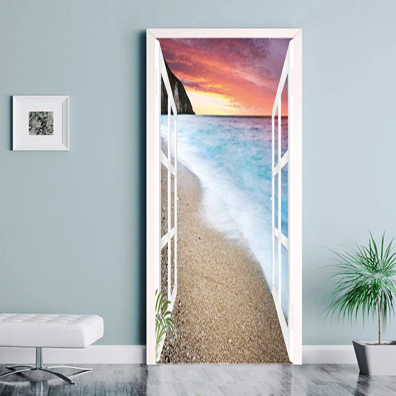 3D Dvere Nálepky Tapety samolepiace Prímorské Krajiny Pláži Dvere Odtlačkový nástenná maľba pre Spálne, Kúpeľňa Vinyl Plagát Domova