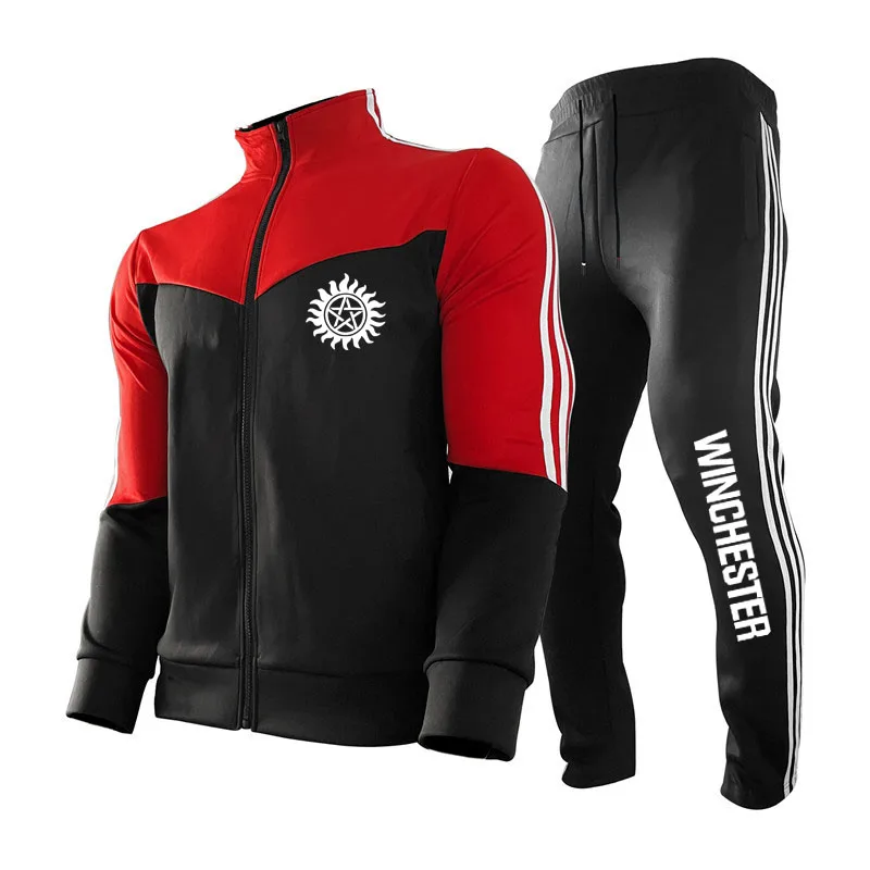 NOVÍ ľudia, Fitness Jogging Mužov Bunda Nastaviť Winchester logo tlače Módne Muž Mikiny na Zips+nohavice športové oblek