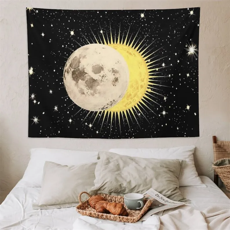 Slnko a Mesiac Tapestry - páliacim Slnkom s Hviezdičkový Gobelín Mystic Stene Visia pre Spálne Estetické, Čierna a Biela Pláž Deka