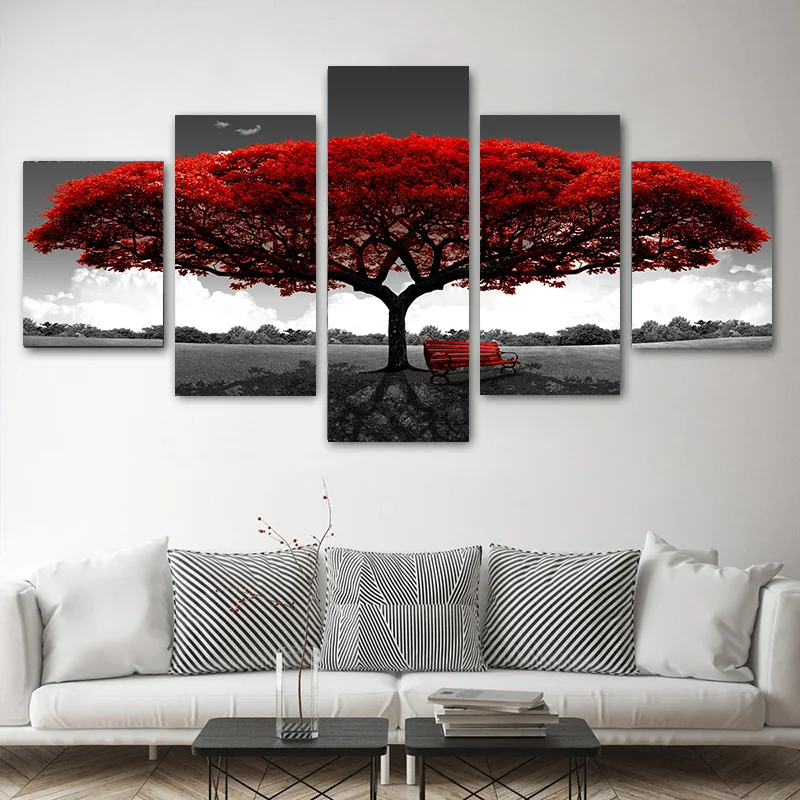 5 Panely Plátno na Maľovanie Krajiny sivú Oblohu Červený Strom Lavičke Plagáty a Tlačí na Steny Umenie Fotografie Obývacej Miestnosti Dekorácie