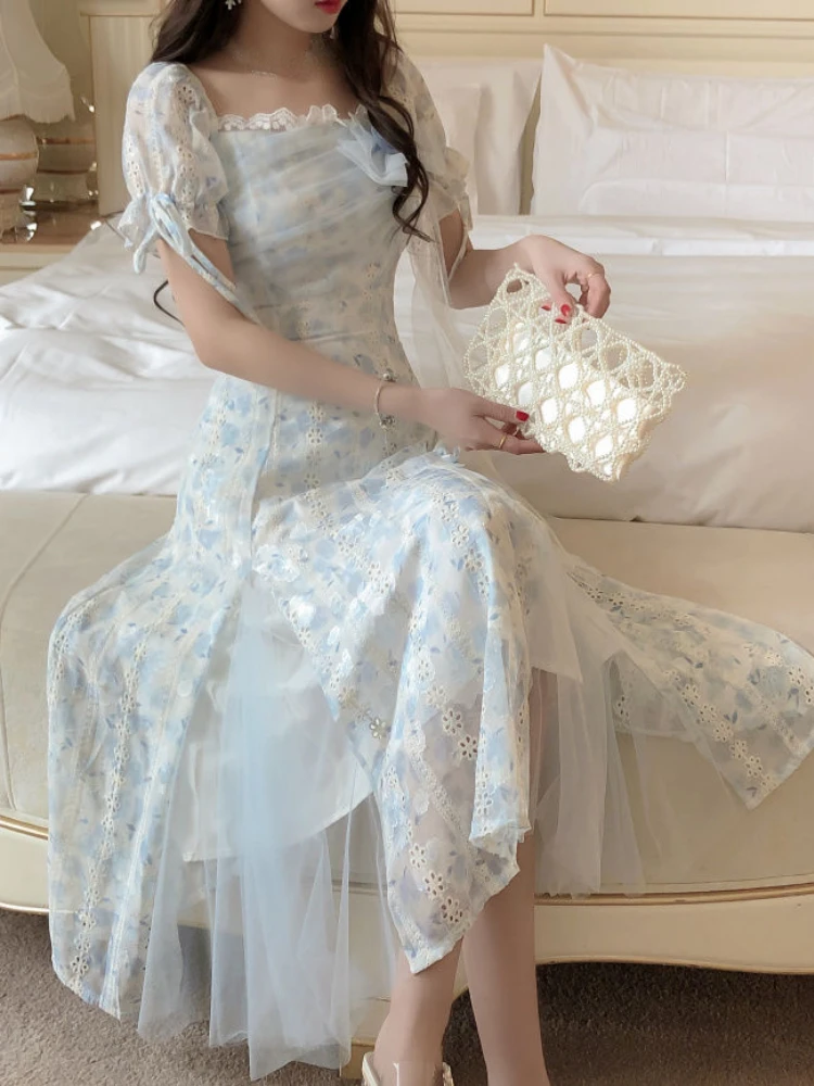 Francúzsky Elegantný Kvetinový Tlač Šaty Žien Modrá Sladké Večierok Midi Šaty Žena Kórejský Móda Čipky Princezná Šaty Letné Nové