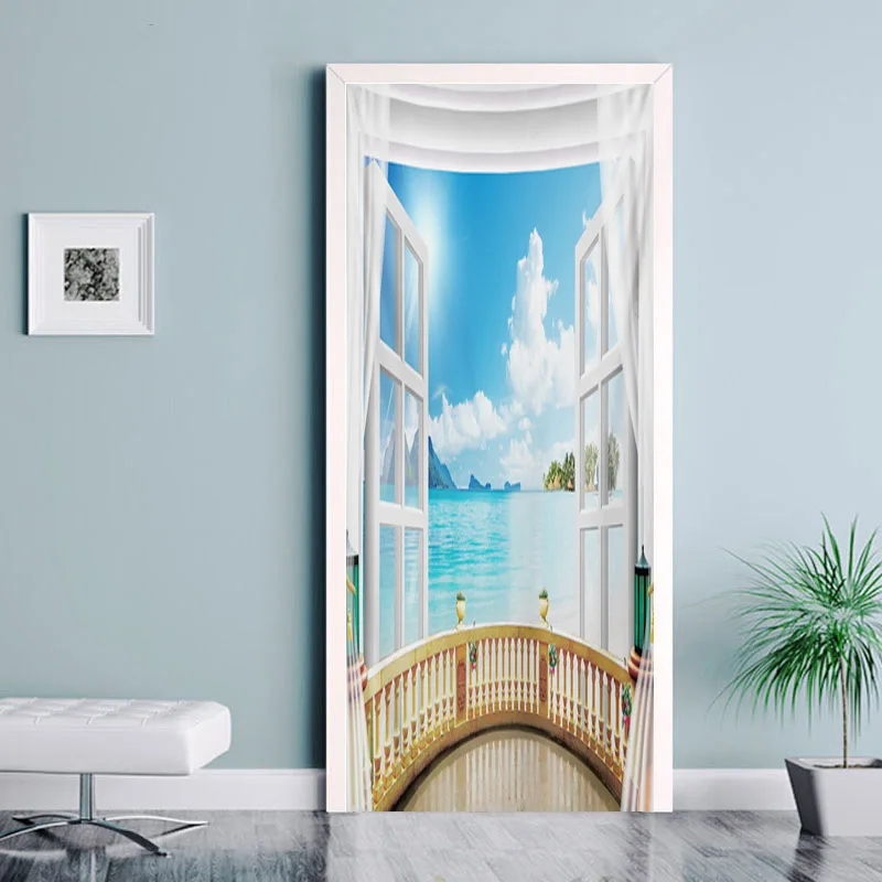 3D Dvere Nálepky Tapety samolepiace Prímorské Krajiny Pláži Dvere Odtlačkový nástenná maľba pre Spálne, Kúpeľňa Vinyl Plagát Domova