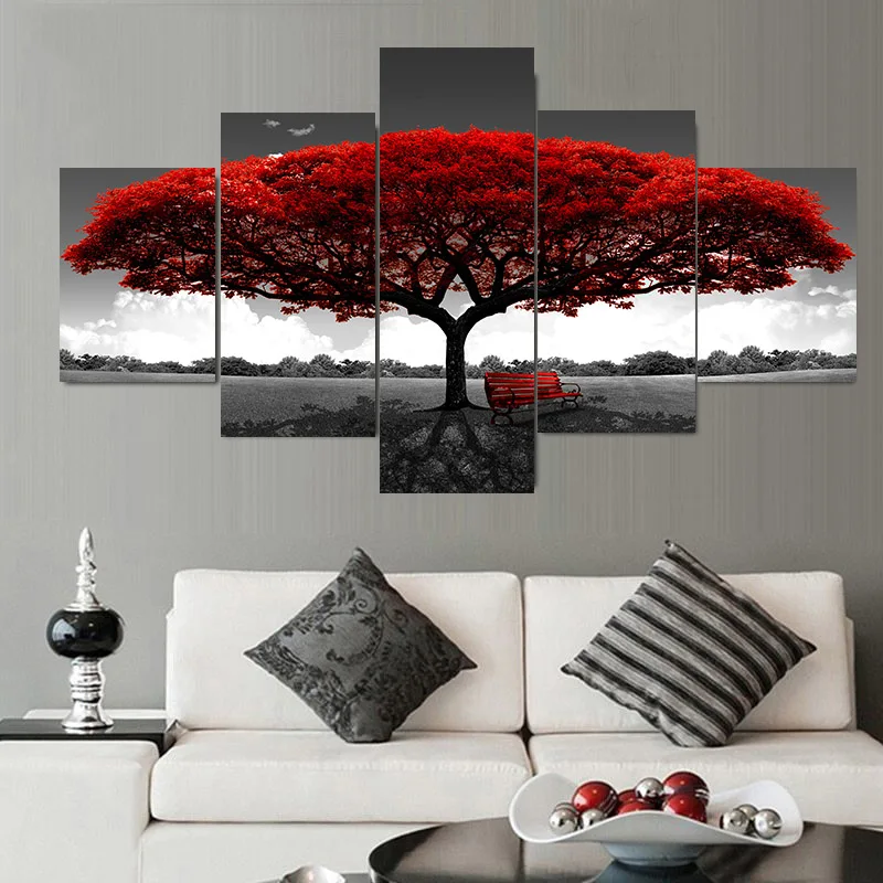 5 Panely Plátno na Maľovanie Krajiny sivú Oblohu Červený Strom Lavičke Plagáty a Tlačí na Steny Umenie Fotografie Obývacej Miestnosti Dekorácie