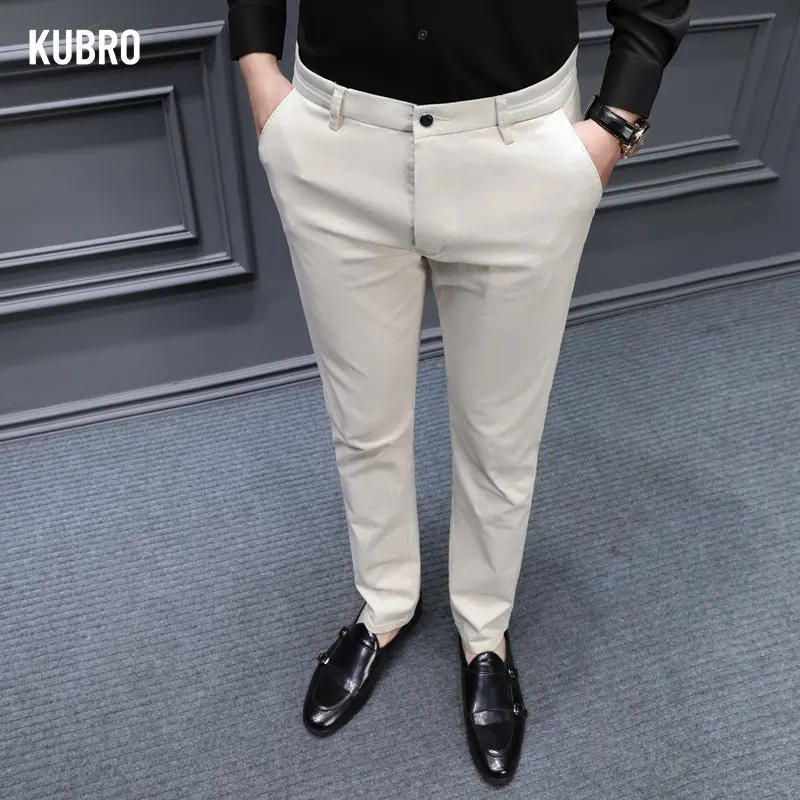 KUBRO 2023 Nové Elegantné Jeseň Mužov Bežné Strečové Nohavice Slim Klasické Khaki Grey Značka Tenké Business Farbou Formálne Plus Veľkosť