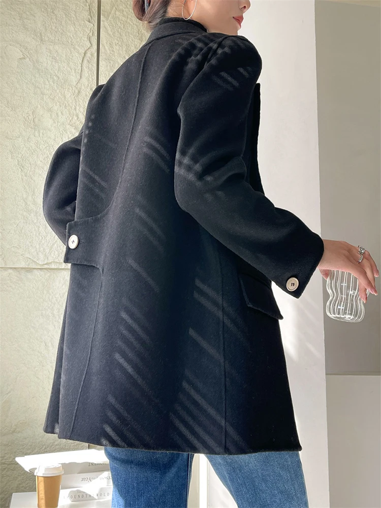 [LANMREM] Tlačidlo Späť Dizajn Vlny Kabát Pre Ženy Pevné Drážkou Dlhý Rukáv Elegantné Ženy Bundy 2023 Jeseň Nové Oblečenie 26D47