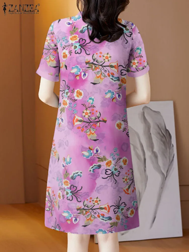 ZANZEA Elegantný Mini Šaty 2023 Módne Ženy Cheongsam Čínske Šaty Krátke Sleeve Stand Golier Kvetinový Vytlačené Strany Sundress