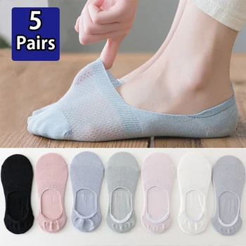 5 Párov Kvalitných Bavlna Loď Ponožky Ženy Lete Priedušná Oka Krátke Ponožky Módne Farbou Non-Slip Nízky Rez Bežné Ponožky