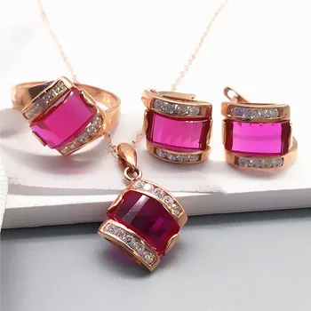 585 Fialové Zlato 14K Rose Gold Geometrické Red Crystal Šperky Nastaviť Módne Náušnice pre Ženy Kúzlo Svetla Luxusné Svadobné Náhrdelníky