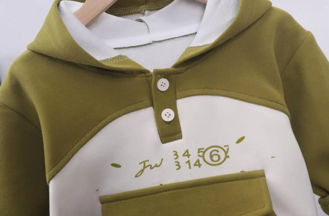 Kórejský Módne Detské Oblečenie Chlapci Súbor 1-5Years Patchwork s Kapucňou Dlhé Rukávy Mikiny+Nohavice Dvoch-dielny Tepláky Dojčenské Oblečenie