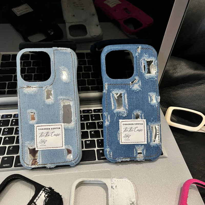 Kórejský Vintage Džínsy Zrkadlo Telefón Prípade IPhone15 14 13 12 11 Pro Max X XS Shockproof Hard-Silikónové Drop-dôkaz Tpu Telefón Prípade
