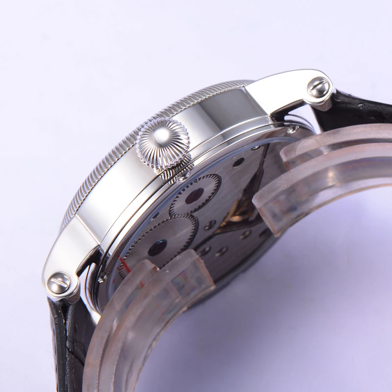 Móda Parnis 43mm Biela Dial Handwind Hodinky Bule Ruky Malé Druhý Mužov, Kožené Mechanické náramkové hodinky S Box Darček 2023