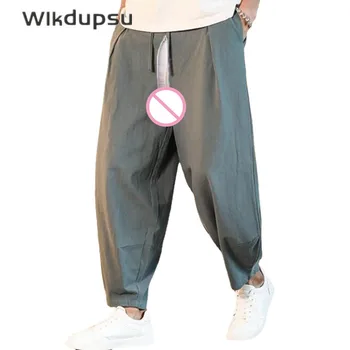 Bavlnená posteľná Bielizeň Voľné pánske Nohavice Muž Sexy Neviditeľné Dvojité Zipsy Otvoriť Crotchless Priedušné Nohavice jednofarebné Plátené Nohavice