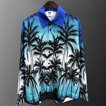 Blue Gradient Kokosový Vzor Tričko Dlhý Rukáv Bežné Mužov Streetwear Camisa Módne Masculina Havaj Sociálne