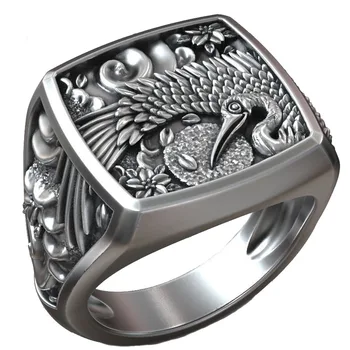 Bocian Vták Kvet Tradičné Japonské Ornament Signet Ring 925 Pevné Mincový Striebro Krúžok