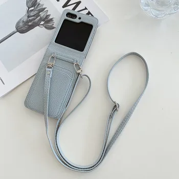 Crossbody ozdobná šnúrka na uniforme Peňaženky Karty Držiteľa Telefón puzdro pre Samsung Galaxy Z Flip 5 4 3 Flip5 Flip4 Flip3 5G PU Kožené Shockproof Kryt