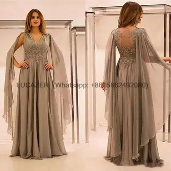 Elegantné Šifón Čipky Matka Nevesty Šaty Šatkou Rukávy tvaru Plus Veľkosť Saudskej arabčina Ženícha Matka Večer Prom Šaty