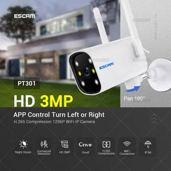 ESCAM PT301 3MP Mobile Detekcie WIFI Pripojenie Jednosmerný Hlas Intelligent Dual Zdroj Svetla Nočné Videnie Kamery