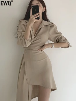 [EWQ] kórejský Nepravidelný Obväz Pracky Pás Šaty Elegantné Ženy Dlhý Rukáv Slim Krátke Šaty 2023 Jeseň Nové Vestido 16U3844