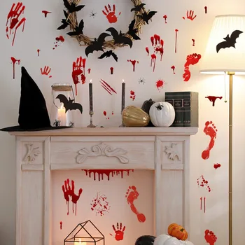Halloween Horror Graffiti Samolepky Na Stenu Krvavé Handprint Stopy Bloodstains Ženský Duch Dvere Odtlačkový Halloween Party Dodávky