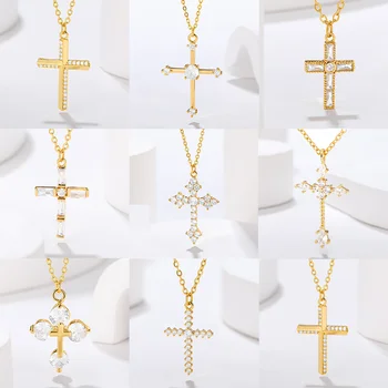 Jednoduchý Prívesok Kríž Náhrdelník pre Ženy Móda Zirkón Crystal Ježiš Kríž Choker Christian Clavicle Reťaze Náboženské Šperky