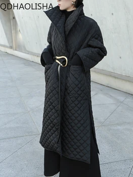 Jeseň Zima Nové V Prímestských Elegantné Temperament Módne Flip Golier Lingge Otvorené Bočné Split Dlho Bavlna Kabát Oblečenie pre Ženy