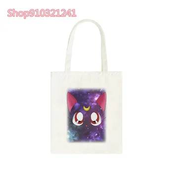 Kawaii Mesiac mačka nákupní taška tlač anime opakovane s potravinami recyklovať shopper taška roztomilý kreslený plátno taška ženy opakovane bolsa