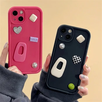 Kórea Štýlový 3D Láska Srdca Perlou List Hot Pink Soft Telefón puzdro Pre iPhone 14 15 13 12 Pro Max 11 Shockproof Ochranný Kryt