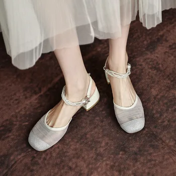 Letné Trendy Sandále Nové Sequin Pearl Oka Baotou Silné Päty Kórejský Štýl Rozprávky Štýl Dámske Topánky Sapatos Femininos De Luxo