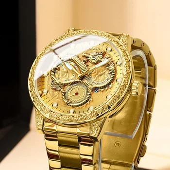 Luxusné Gold Dragon pánske Quartz Hodinky Duté Zadný Kryt Pôvodné Tri Hodiny Oko Svetelný Nepremokavé Podnikania v Pohode Náramkové hodinky