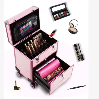 Make-Up Batožiny Cestovné Kufre Luxusné Kozmetické Skladovanie Organizátor Ružová Vintage Profesionálny Make-Up Kolesá Vozíka Vykonávať Prípad