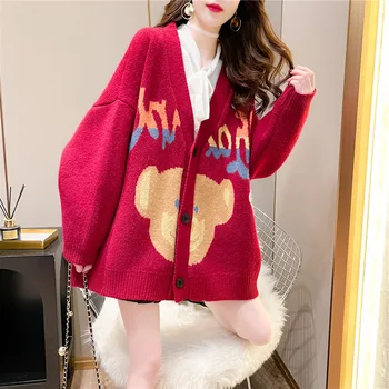 Medveď tlač kórejský sveter cardigan kabát ženy lenivý vietor nosiť voľné online celebrity nové svetre na jar a na jeseň.