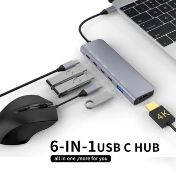 Multi Funkčné Typ C Hub 6 v 1 Hliníkový Adaptér USB, Dokovacia Stanica High Speed USB 3.1, 100W Plnenie,4KHDMI Drop Shipping