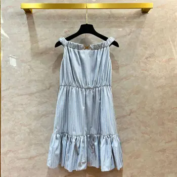 Nové modré a biele pruhované šaty dovolenku štýl elastický pás čipky mimo ramenný Sklzu šaty