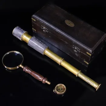 Námorné Antické Zbierky Hovädzej Kože Meď Teleskopická Jednej Tube Ďalekohľad, Kompas Lupu Collectables