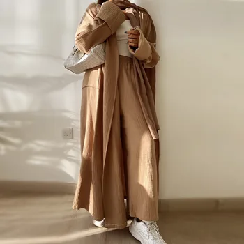 Obyčajný Bavlna Otvoriť Abaya s Nohavice Lete Turecko arabčina Kimono Moslimské Oblečenie Príčinné Abayas pre Ženy Dubaj Islamskej Skromné Oblečenie