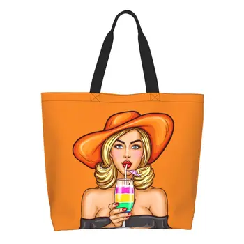 Pop Art Sexy Elegantné Lady Dievča Piť Nakupovanie Taška Vytlačiť Plátno Shopper Ramenný Tote Bag Veľkú Kapacitu Odolné Kabelka