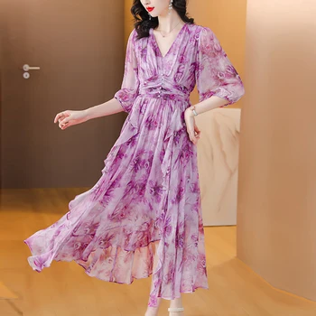 Skutočné moruša hodvábne šaty žien jeseň roku 2023 nový high-end temperament krásny veľký tlač fialová dlhé sukne