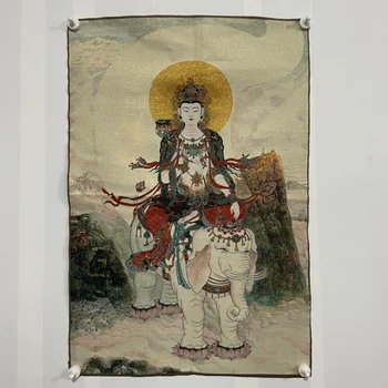 Tibetský Tangka Vyšívané Biely Slon Guanyin Buddha Dekoratívne Visí Obrázok