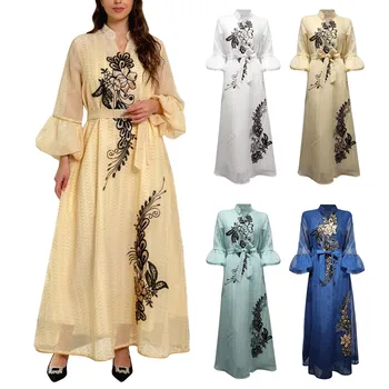 Uprostred Nové Sequin Vyšívané Dlhé Šaty S arabčina Výšivky Kaftan Elegantné Moslimských Etnických Oblečenie pre Ženy Ženy Pracujú Šaty