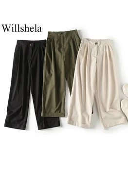 Willshela Ženy Móda Pevné Skladaný Predný Zips Širokú Nohu, Nohavice Vintage Vysoký Pás Ženský Chic Lady Nohavice
