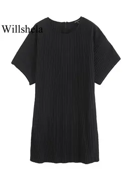 Willshela Ženy Módne Čierne Skladaný Späť Na Zips Mini Šaty Vintage O-Krku, Krátke Rukávy Žena Lady Chic Šaty