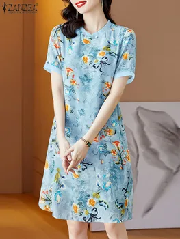 ZANZEA Elegantný Mini Šaty 2023 Módne Ženy Cheongsam Čínske Šaty Krátke Sleeve Stand Golier Kvetinový Vytlačené Strany Sundress