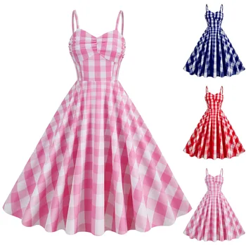 Ženy Vintage Barbiee Ružová Kockované Šaty Retro Rockabilly Popruh Podväzky Koktail Party 1950 40. Swing Šaty, Letné Šaty